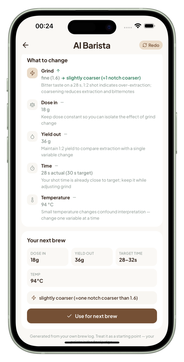 The Coffelio AI Barista screen on an iPhone, showing a brew diagnosis and next-brew targets