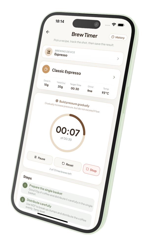 The Coffelio brew timer screen on an iPhone